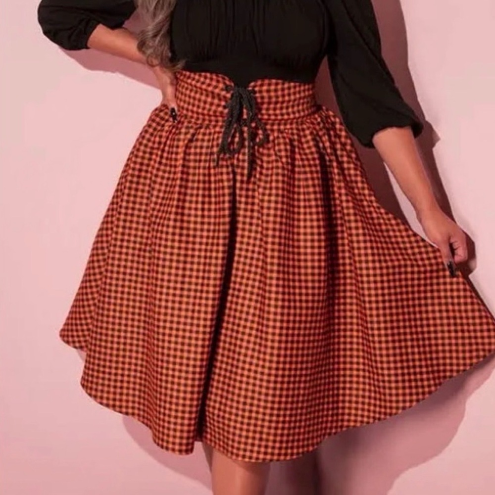 Orange Gingham Midi Skirt